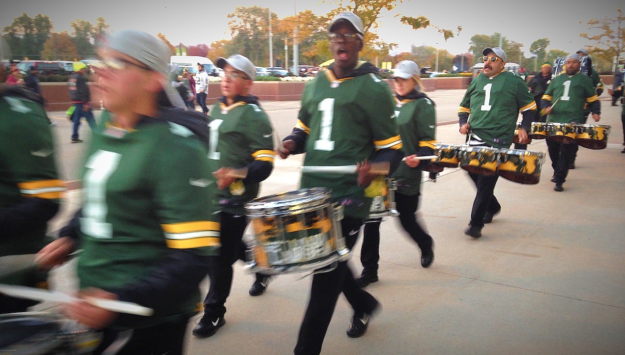 The Tundra Line drummers perform outside Lambeau Field before a Monday night Packers game in 2018. Dan Plutchak/Ashwaubenon Community News.